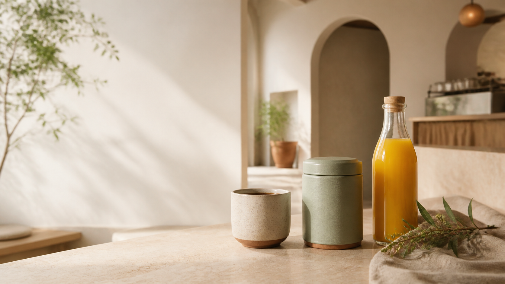 Kaffee, Tee und ein goldener Drink auf einer warmen Café-Theke